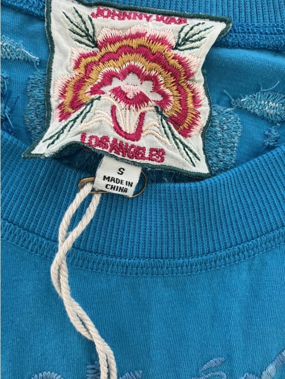 NWT Johnny Was Raw Edge Raglan Boxy Embroidered Tee Cotton Blue Ret. $130 Small - Picture 3 of 5